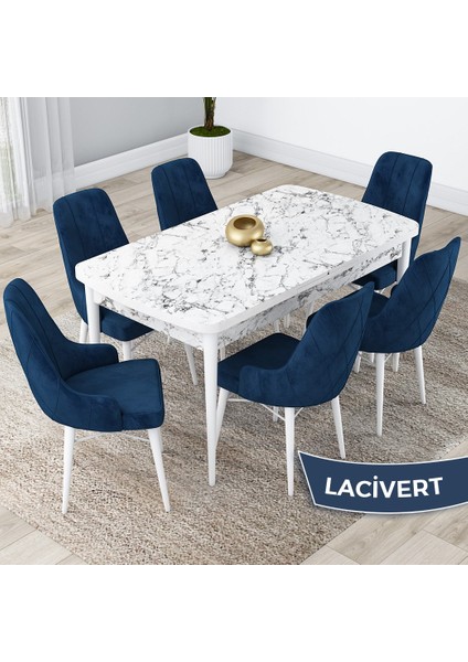 Concept Kar Serisi, Açılabilir 80X132 Mdf Mutfak Masa Takımı, Beyaz Mermer Desen Masa 6 Sandalye