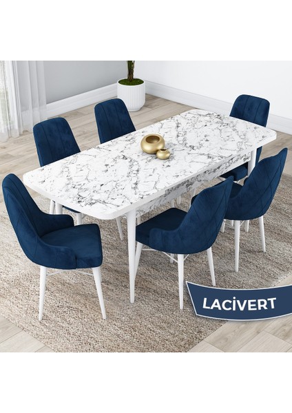 Concept Kar Serisi, Açılabilir 80X132 Mdf Mutfak Masa Takımı, Beyaz Mermer Desen Masa 6 Sandalye