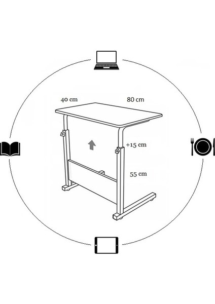 Yükseklik Ayarlı Çalışma Masası - Antrasit (Tekerli) 80X40