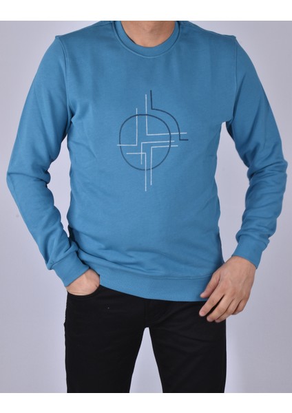R2209 Bisiklet Yaka Baskılı Sweat/petrol /m