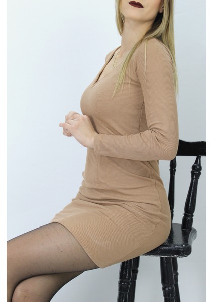 V Yaka Klipsli Elbise Sütlükahve - 1210.65 modelleri