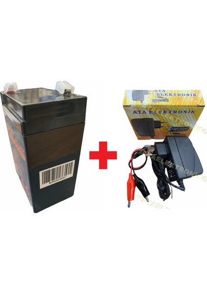 Ata Elektronik Pilsan Tombik Uyumlu 6 Volt 4A 6 V 4 Amper Süpürge Oyuncak Traktör Araba Aküsü Pili 70X48X101MM + 6 Volt 1 Amper Şarj Cihazı 2li Set