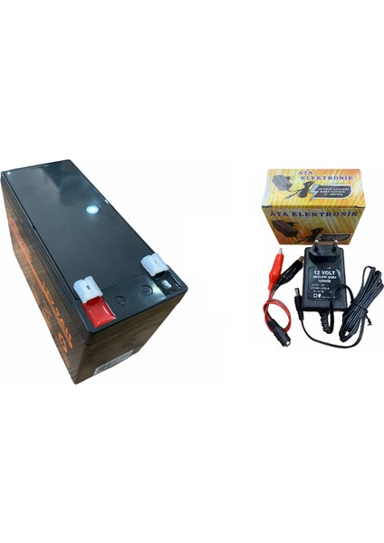 Ata Elektronik 12V 9AH 20HR 12 Volt 9 Amper Kuru Tip Akü + 12 Volt Aküler Için Şarj Cihazı 1A 1 Amper Adaptörlü Şarz 2li Set