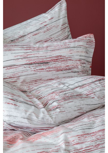 Stripes %100 Pamuk Çift kişilik Nevresim ve 2 Adet Yastık Kılıfı Seti Kırmızı Gri Çizgili