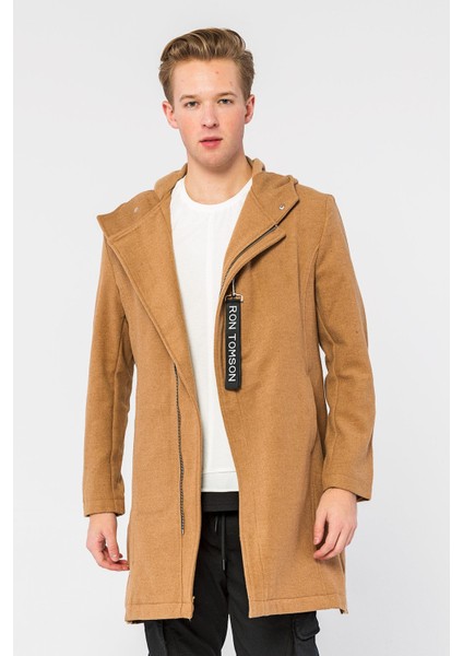 Erkek Camel Regular Fit Kapüşonlu Fermuarlı Cepli Kışlık Astarsız Yünlü Uzun Kaşe Kaban