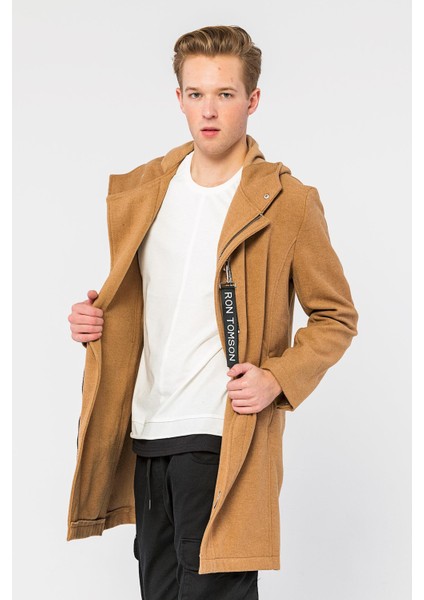 Erkek Camel Regular Fit Kapüşonlu Fermuarlı Cepli Kışlık Astarsız Yünlü Uzun Kaşe Kaban fiyatları