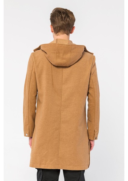 Erkek Camel Regular Fit Kapüşonlu Fermuarlı Cepli Kışlık Astarsız Yünlü Uzun Kaşe Kaban modelleri