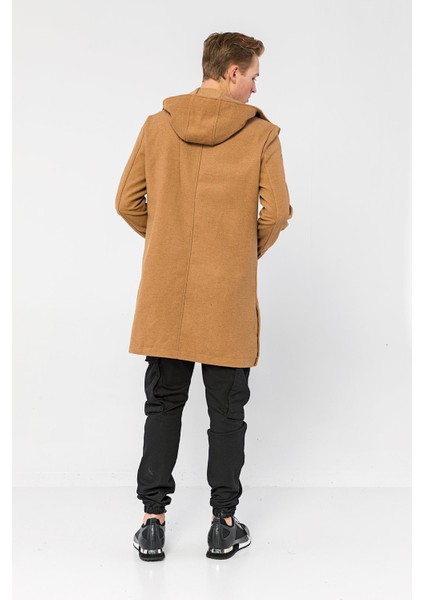 Erkek Camel Regular Fit Kapüşonlu Fermuarlı Cepli Kışlık Astarsız Yünlü Uzun Kaşe Kaban fırsatları