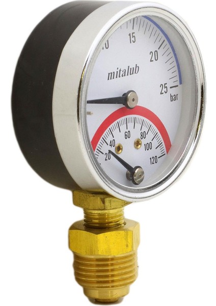 Mitalub 63 mm 25 Bar Alttan Çıkışlı Metal Manometre 1/4" Bağlantı Termometreli Basınç Ölçer fiyatları