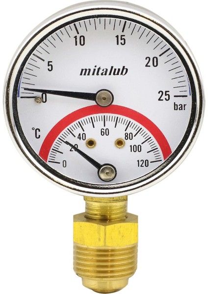 Mitalub 63 mm 25 Bar Alttan Çıkışlı Metal Manometre 1/4" Bağlantı Termometreli Basınç Ölçer indirimleri