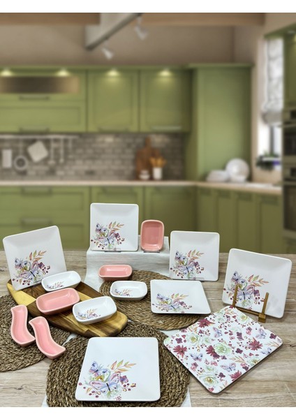 6 Kişilik Mat Pembe Kare Kahvaltı Takımı Bahar Serisi 15 Parça