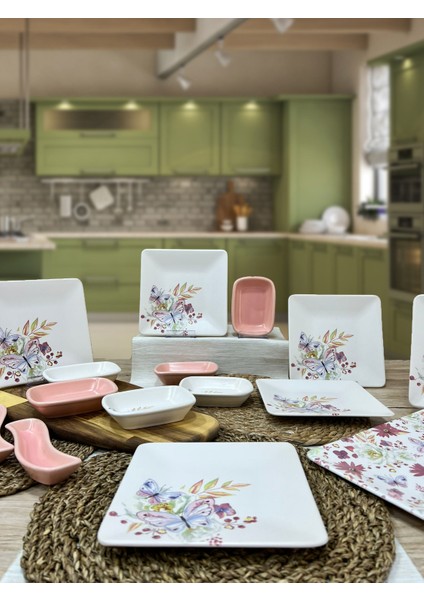 6 Kişilik Mat Pembe Kare Kahvaltı Takımı Bahar Serisi 15 Parça fiyatları