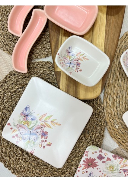 6 Kişilik Mat Pembe Kare Kahvaltı Takımı Bahar Serisi 15 Parça modelleri