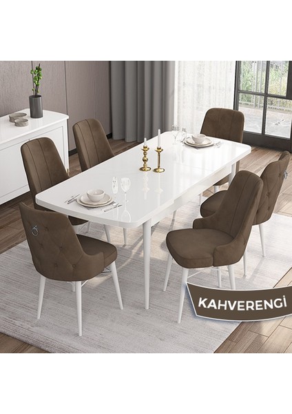 Concept Are Serisi, Mdf 80X132 Açılabilir Beyaz Mutfak Masa Takımı, 6 Sandalye Gümüş Halkalı