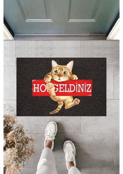 Modern Baskı - Kedili Siyah Welcome - Karşılama Kapı Önü Paspası