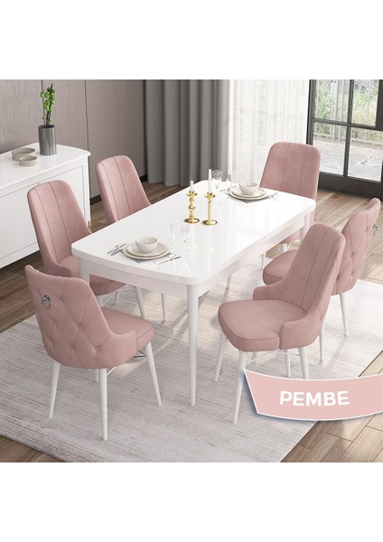 Concept Are Serisi Mdf 80 x 132 cm Açılabilir Beyaz Mutfak Masa Takımı 6 Sandalye Gümüş Halkalı