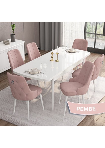 Concept Are Serisi Mdf 80 x 132 cm Açılabilir Beyaz Mutfak Masa Takımı 6 Sandalye Gümüş Halkalı fiyatları