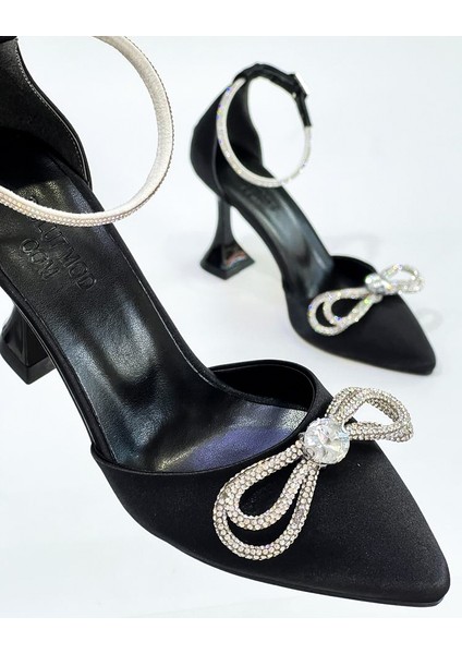 Siyah Kadın Saten Fiyonklu Taşlı Abiye Topuklu Ayakkabı - Siyah - 39 fiyatları