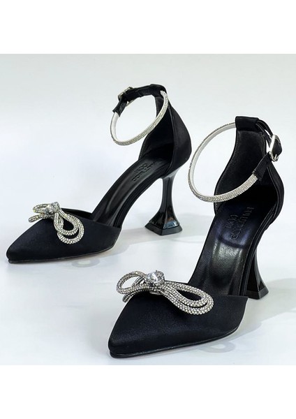 Siyah Kadın Saten Fiyonklu Taşlı Abiye Topuklu Ayakkabı - Siyah - 39 indirimleri