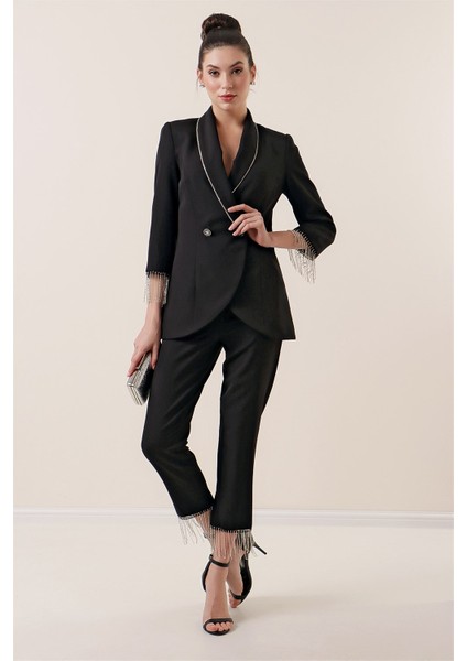 Yaka ve Kol Uçları Taş Zincir Detaylı Astarlı Ceket Cepli Pantolon 2'li Takım Siyah