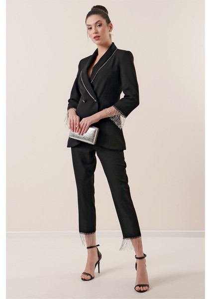 Yaka ve Kol Uçları Taş Zincir Detaylı Astarlı Ceket Cepli Pantolon 2'li Takım Siyah fiyatları