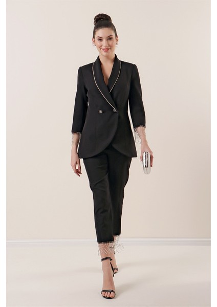 Yaka ve Kol Uçları Taş Zincir Detaylı Astarlı Ceket Cepli Pantolon 2'li Takım Siyah modelleri