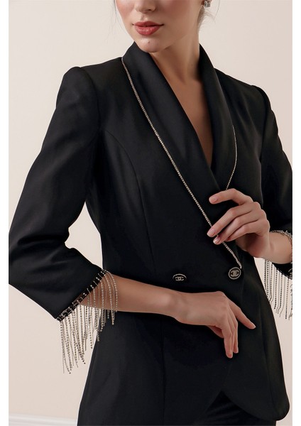 Yaka ve Kol Uçları Taş Zincir Detaylı Astarlı Ceket Cepli Pantolon 2'li Takım Siyah fırsatları