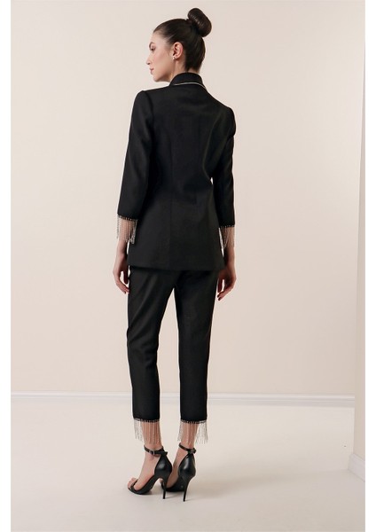 Yaka ve Kol Uçları Taş Zincir Detaylı Astarlı Ceket Cepli Pantolon 2'li Takım Siyah indirimleri
