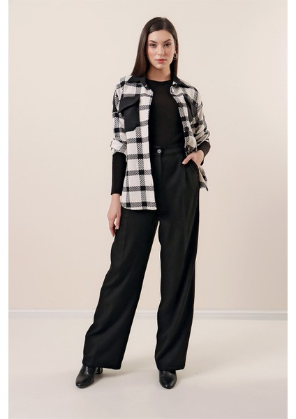 Yandan Cepli Yün Efektli Palazzo Pantolon Siyah