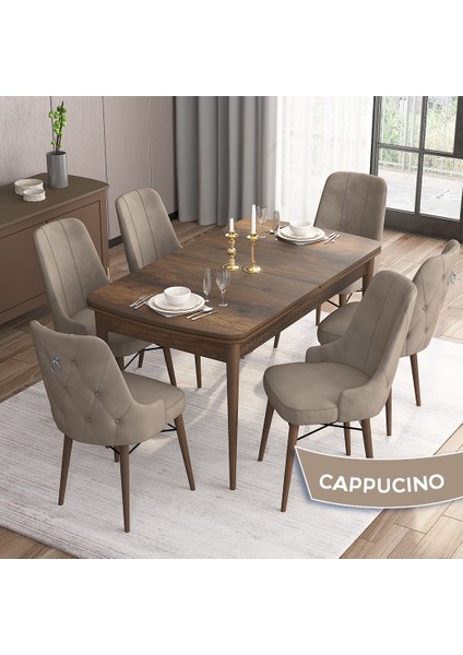 Concept Are Serisi 80 x 132 cm Mdf Masa Barok Ahşap Desen Masa Takımı 6 Sandalye Gümüş Halkalı