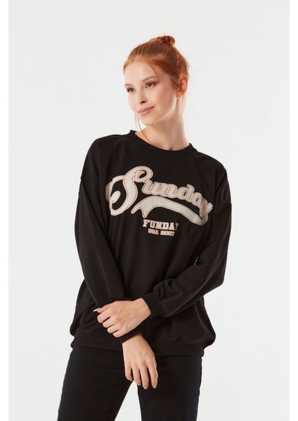 Sunday Baskılı Bisiklet Yaka Sweatshirt modelleri