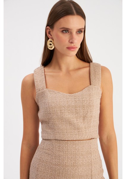 Askılı Tüvit Crop Bluz - Bej
