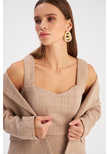 Askılı Tüvit Crop Bluz - Bej