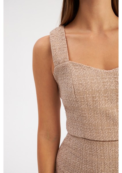 Askılı Tüvit Crop Bluz - Bej