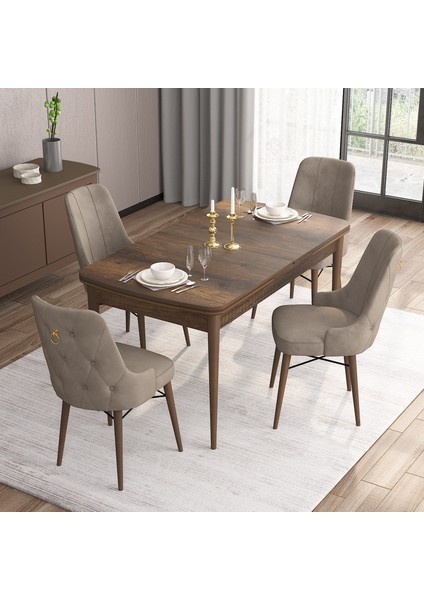 Concept Are Serisi, Mdf 80X132 Açılabilir Barok Ahşap Desen Mutfak Masa Takımı, 4 Sandalye Gold Halkalı