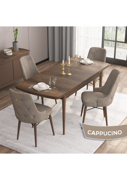 Concept Are Serisi, Mdf 80X132 Açılabilir Barok Ahşap Desen Mutfak Masa Takımı, 4 Sandalye Gold Halkalı