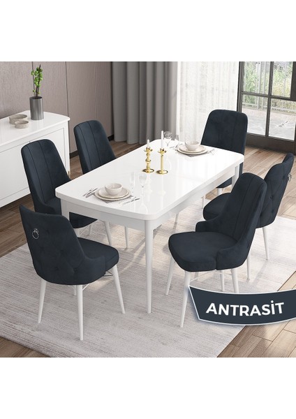 Concept Are Serisi, Mdf 80X132 Açılabilir Beyaz Mutfak Masa Takımı, 6 Sandalye Gümüş Halkalı