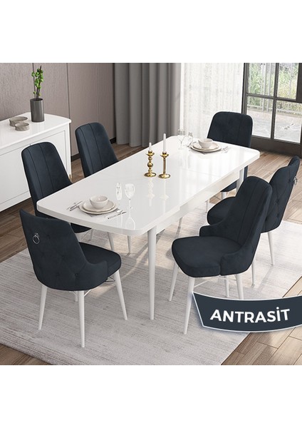 Concept Are Serisi, Mdf 80X132 Açılabilir Beyaz Mutfak Masa Takımı, 6 Sandalye Gümüş Halkalı fiyatları