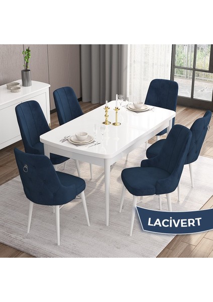 Concept Are Serisi, Mdf 80X132 Açılabilir Beyaz Mutfak Masa Takımı, 6 Sandalye Gümüş Halkalı