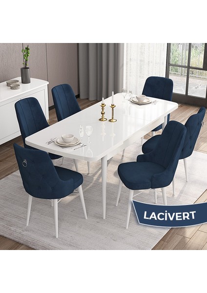 Concept Are Serisi, Mdf 80X132 Açılabilir Beyaz Mutfak Masa Takımı, 6 Sandalye Gümüş Halkalı