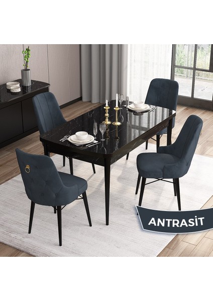 Concept Are Serisi, Mdf 80X132 Açılabilir Siyah Mermer Desen Mutfak Masa Takımı, 4 Sandalye Gold Halkalı