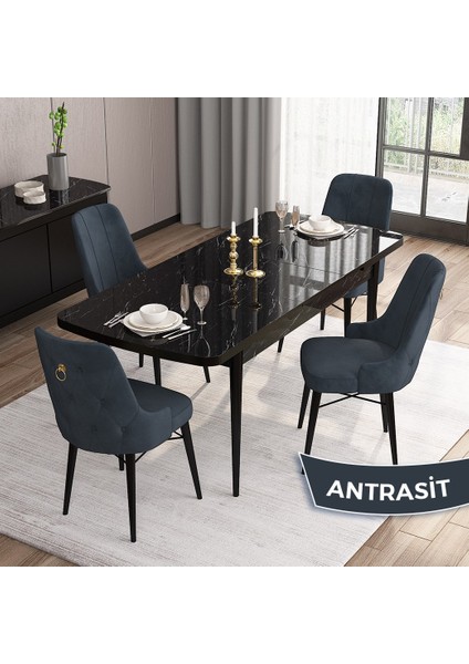 Concept Are Serisi, Mdf 80X132 Açılabilir Siyah Mermer Desen Mutfak Masa Takımı, 4 Sandalye Gold Halkalı
