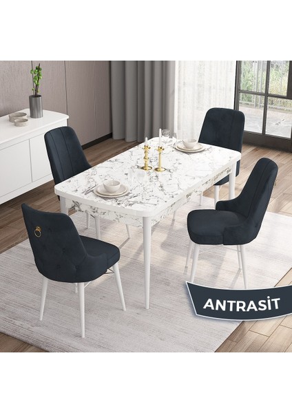 Concept Are Serisi, Mdf 80X132 Açılabilir Beyaz Mermer Desen Mutfak Masa Takımı, 4 Sandalye Gold Halkalı