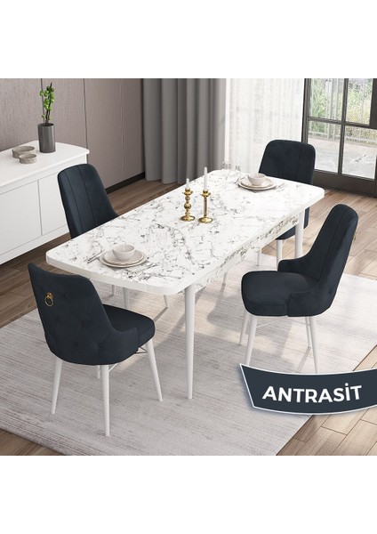 Concept Are Serisi, Mdf 80X132 Açılabilir Beyaz Mermer Desen Mutfak Masa Takımı, 4 Sandalye Gold Halkalı