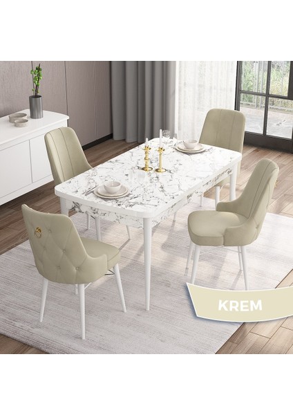 Concept Are Serisi, Mdf 80X132 Açılabilir Beyaz Mermer Desen Mutfak Masa Takımı, 4 Sandalye Gold Halkalı