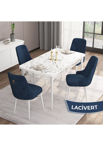 Concept Are Serisi, Mdf 80X132 Açılabilir Beyaz Mermer Desen Mutfak Masa Takımı, 4 Sandalye Gold Halkalı