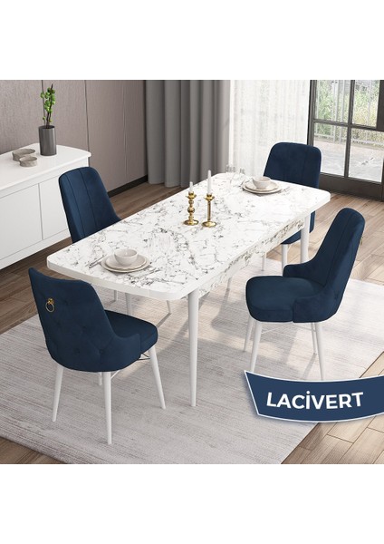 Concept Are Serisi, Mdf 80X132 Açılabilir Beyaz Mermer Desen Mutfak Masa Takımı, 4 Sandalye Gold Halkalı