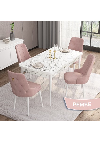 Concept Are Serisi, Mdf 80X132 Açılabilir Beyaz Mermer Desen Mutfak Masa Takımı, 4 Sandalye Gold Halkalı