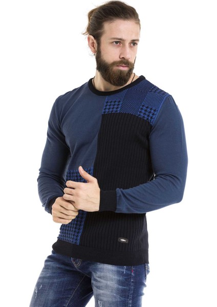 CP263 Yuvarlak Yaka Desenli Lacivert Erkek Triko