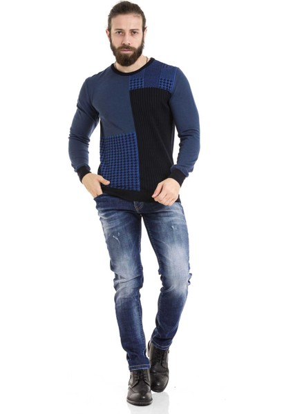 CP263 Yuvarlak Yaka Desenli Lacivert Erkek Triko